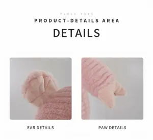 Close up view of the cute pink striped plush toy showing soft ear and paw details clearly.