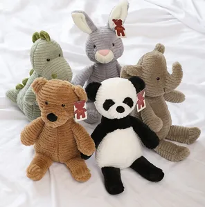 Cute corduroy plush toy set featuring soft stuffed animals like bear, panda, rabbit, and elephant.