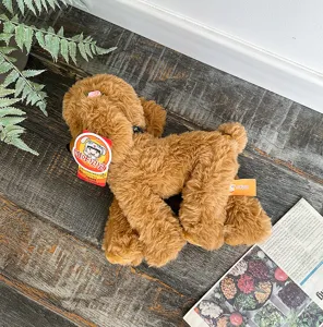 Dettaglio peluche barboncino riccio marrone con morbida consistenza di pelliccia e design cucciolo.