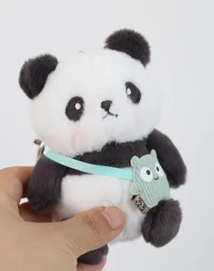 Cute panda plush toy keychain with mini bag pendant, soft stuffed animal bag charm accessory.