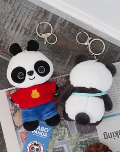 Cute panda plush toy keychain with red shirt and blue jeans, sweet backpack bag charm gift.
