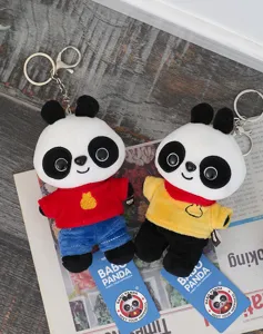 Adorable cartoon panda plush keychain soft stuffed animal pendant for lovely bag accessory.