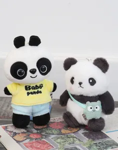 Cute plush panda keychain doll set, soft stuffed cartoon animal pendant for bags keys.