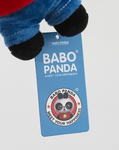 Cute panda plush toy pendant detail showing brand hang tag and toy legs for decoration.