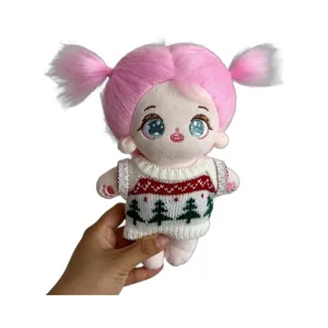 Cute fluffy cotton plush doll with pink pigtails and a cute Christmas tree knitted sweater toy!