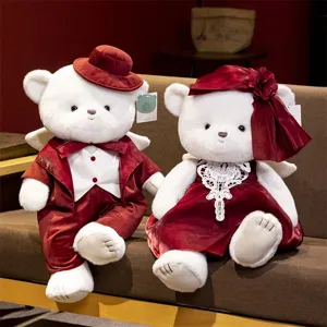 Cute couple plush teddy bear set with red wedding dress, soft stuffed toy gift for lovers.