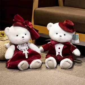 Cute couple plush teddy bear stuffed toys set wedding gift with red dress and suit plushie