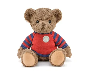 Cute brown teddy bear plush toy wearing a vintage red and blue striped sweater gift doll.
