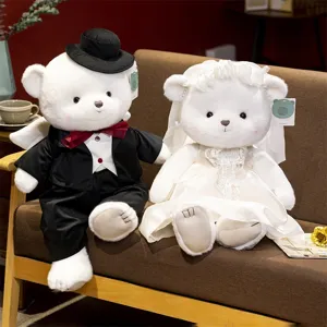 Romantic wedding couple plush teddy bear toy set with groom suit and bride dress.