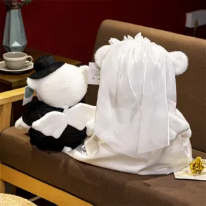 Wedding couple teddy bear plush toys with angel wings and bridal veil, romantic gift.