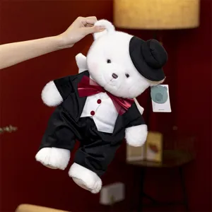 Adorable angel teddy bear plush toy wearing formal suit and top hat, perfect romantic gift.
