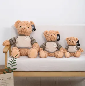 Cute plush teddy bear toy set with vintage striped sweaters, soft stuffed animal doll gifts.