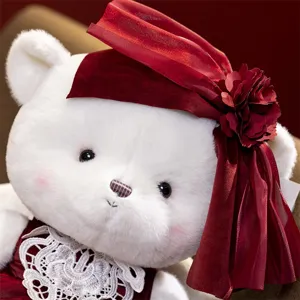 Cute white plush bear toy with red hat and lace collar, soft stuffed doll gift detail