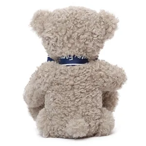 Krullende pluche teddybeer met blauw lint om de nek, schattig zacht speelgoed cadeau.