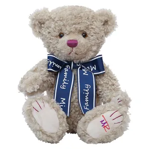 Schattige beige teddybeer pluche knuffel met blauw lint en geborduurde details op wit bg.