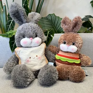 Simpatico peluche coniglio con pane e hamburger, morbido giocattolo per bambini e ragazze.