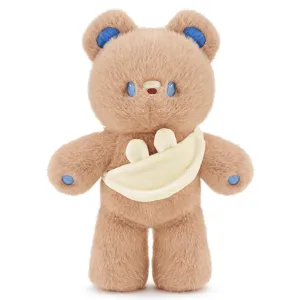 Cute brown plush bear doll with blue details and mini crossbody bag for kids gift.