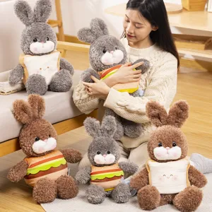 Grazioso peluche di coniglio con costume rimovibile da pane e hamburger, giocattolo morbido.