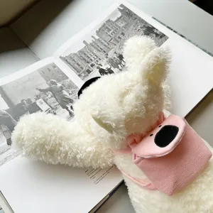Flauschiger weißer Welpe Plüschtier mit rosa Rucksack, weiches Stofftier als Geschenk für Mädchen.