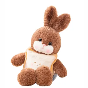 Simpatico peluche coniglietto marrone con vestito di pane rimovibile, morbido giocattolo.