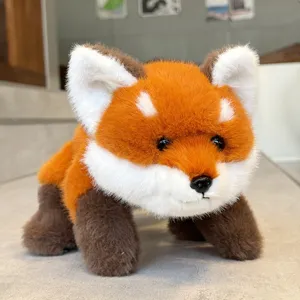 Cute crawling fox plush toy detailed closeup, soft fluffy stuffed animal pillow for kids room.