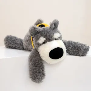 Graues Schnauzer Plüschtier, süßer Stoffhund mit gelbem Gurt, kuscheliges Kuscheltier für Kinder.