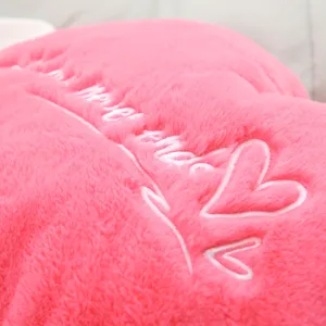 Pink plush pillow detail featuring soft fabric and embroidered heart design for sweet home decor.