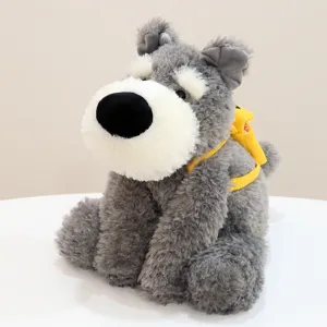 Süßes graues Schnauzer Welpen Plüschtier mit gelbem Rucksack, weiche Kuscheltier Puppe Geschenk.