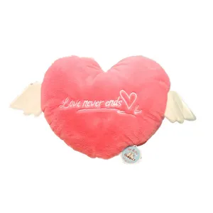 Pink heart plush pillow with cute angel wings, soft stuffed cushion for room decor and gift.