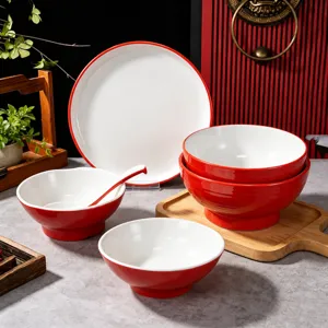 Commercial Melamine Tableware Set Red White Drop Proof Ramen Bowl Rice Noodle Soup Bowl Restaurant Dinnerware