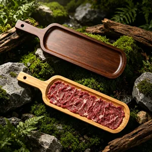 Plateau de service imitation bois en melamine avec poignee, assiette vaisselle hot pot style.