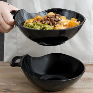 Black Melamine Creative Handle Bowl Commercial Beef Rice Pasta Bowl Minimalist Anti-Scald Dinnerware Bowl