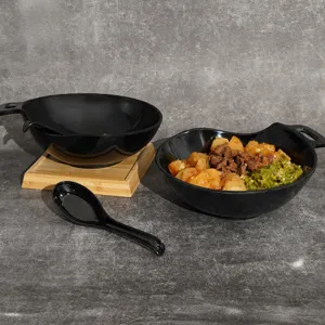 Melamine anti-fall commercial black rice bowl with handle and spoon for noodles and bibimbap.