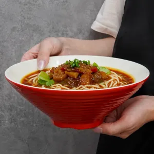 Two Color Melamine Noodle Bowl Ribbed Imitation Porcelain Plastic Thickened Anti Scald Soup Bowl Kitchen Dining Tableware