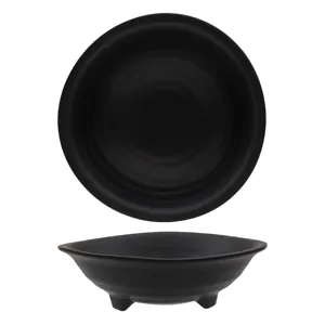 Black melamine bowl with three feet, minimalist Japanese style for salad and noodle dishes.