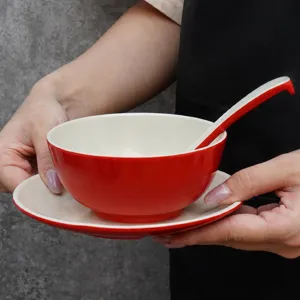 Two-color melamine noodle bowl set with spoon and saucer, thick anti-scald plastic tableware.