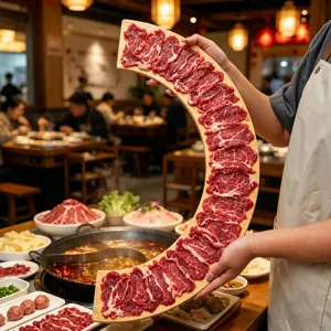 Halbmondförmiges Melamin Holzmaserung Hotpot Tablett für Rindfleisch Scheiben und Gastronomie