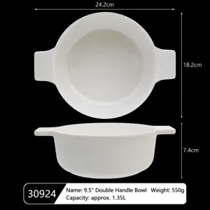 Melamine double-eared white large soup bowl, minimalist restaurant tableware detail view.
