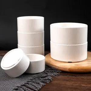White melamine stacking bowls, durable striped dinnerware set for commercial use.