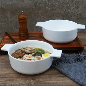 White melamine noodle bowl with double handles, minimalist ceramic style for restaurant and home use.