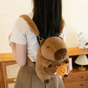 Carino zaino in peluche capibara con ciondolo hamburger, zaino animale marrone morbido per ragazze.