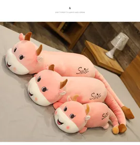 Simpatico peluche di mucca rosa lungo cuscino morbido animale di peluche regalo per ragazze