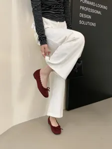 Detailaufnahme von Damen-Ballerinas mit süßer Schleife und weicher Veloursleder-Textur.