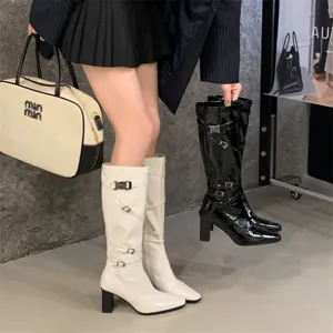 Botas altas mujer tacón alto punta fina hebilla calzado moda invierno elegante