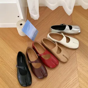 French split toe flat Mary Jane shoes for women, stylish shallow soft sole casual footwear.