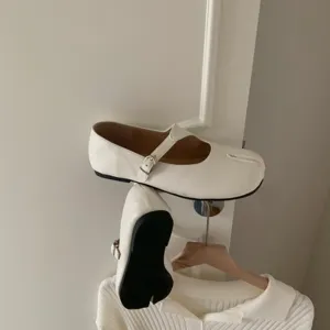 French split toe flat Mary Jane shoes for women, stylish white casual footwear spring.