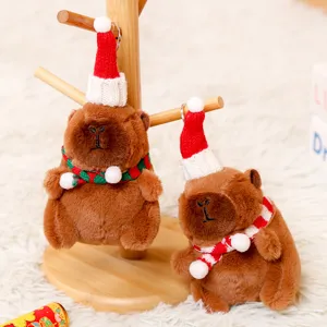 Cute Christmas capybara plush keychain, soft stuffed animal bag pendant for holiday gifts.