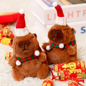 Cute Christmas capybara plush toy pendant, soft stuffed animal keychain and bag decoration.