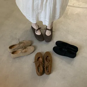 Women's Flat Shoes Genuine Leather Suede Ballet Flats Bow Lace Up Mary Jane Casual Versatile Comfortable Footwear