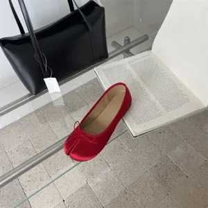 Red split toe flat shoes for women minimalist style satin ballet flats with bow detail